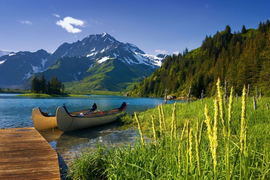 two canoes at a dock in Pederson Bay in Kenai Fjords National Park