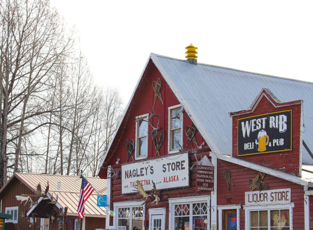 Historic storefronts in Talkeetna, Alaska.