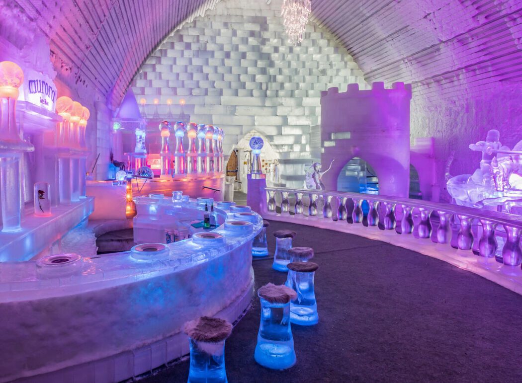 ice sculptures and a bar made entirely of carved ice