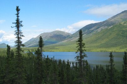 spruce trees, blue sky, a rainbow, a lake and mountains