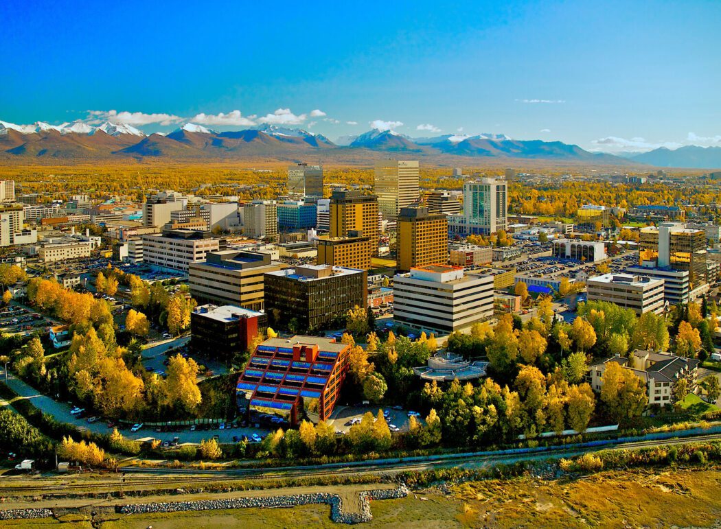 Anchorage's downtown Skyline with fall colors