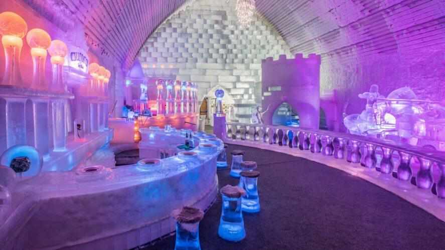 ice sculptures and a bar made entirely of carved ice