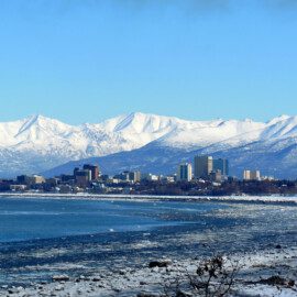 Anchorage winter cityscape from across Cook Inlet.