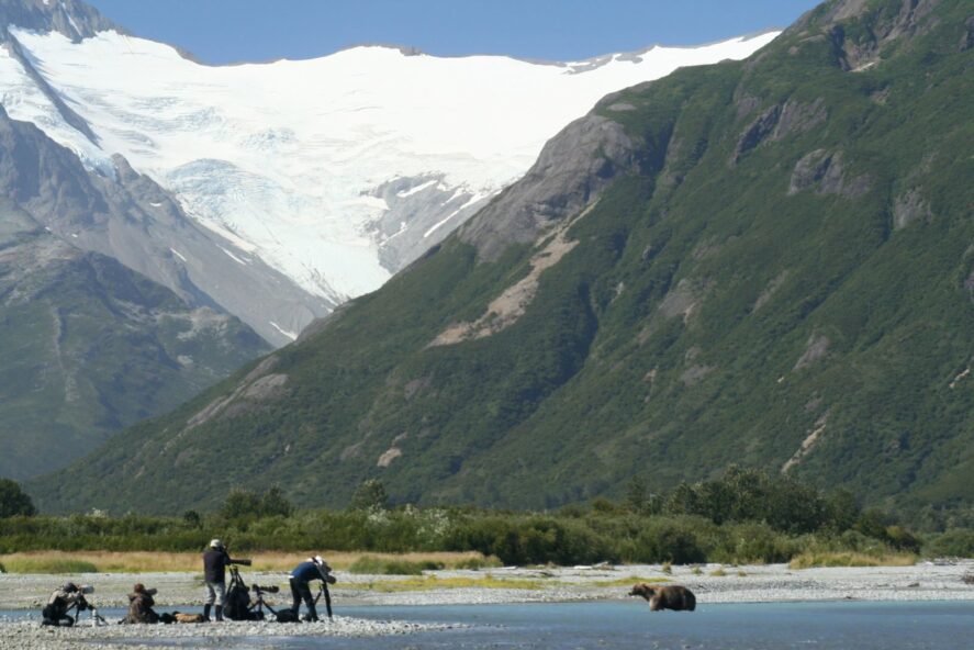 a group of people photographing a brown bear in front of mountains and a glacier