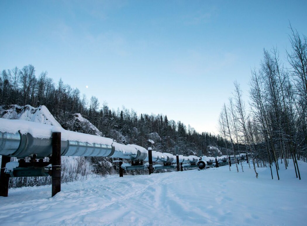 the snow-covered Trans-Alaska Pipeline through a boreal forest