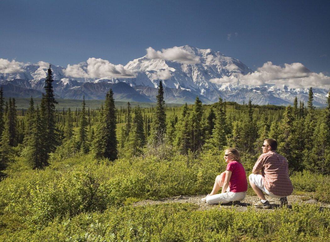Young Couple View Denali And The Alaska Range In Denali National Park Alaska Summer