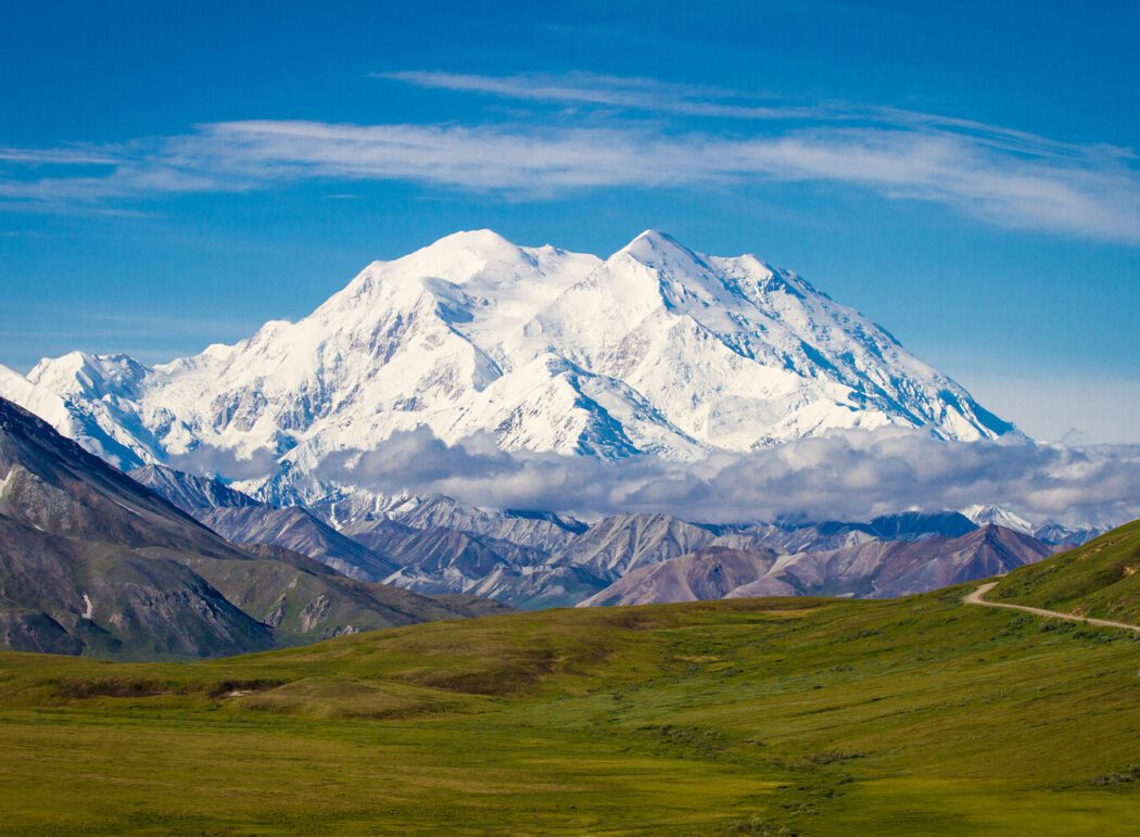 the mountain of Denali; a dirt path in foreground