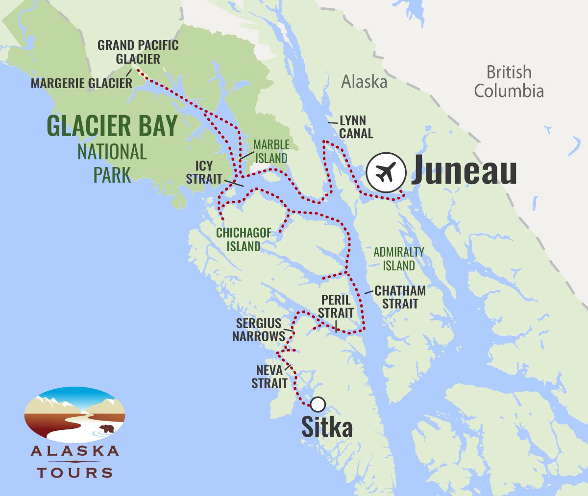 alaska cruise stops map