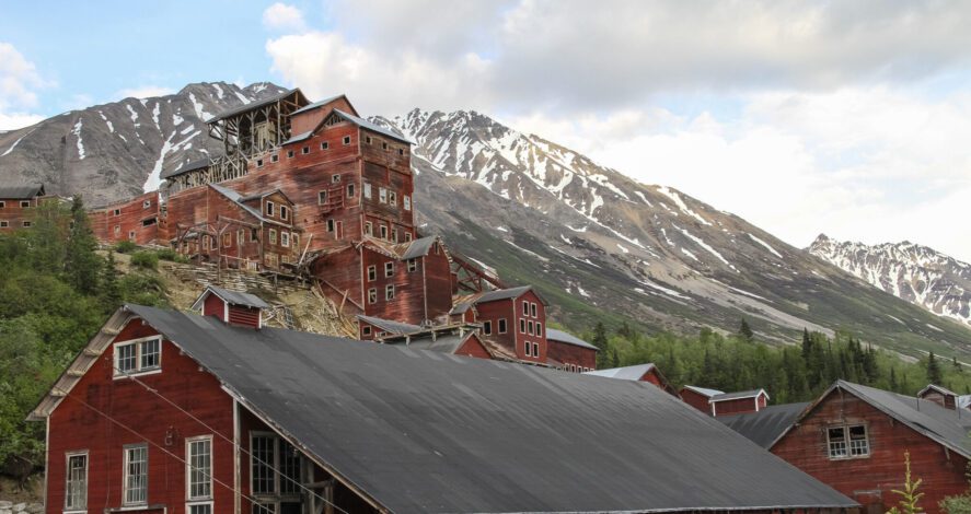 View of machine shop (foreground) with mill building behind it.